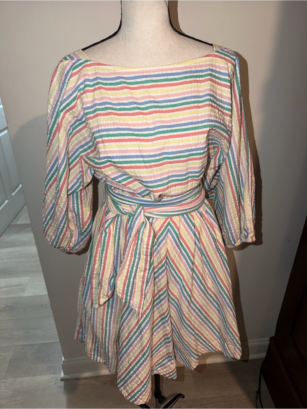 J.Crew Pastel Rainbow Stripe Seersucker Tie-Waist Mini Dress XS